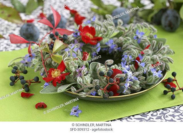 Wreath of borage, roses, vine leaves and plums