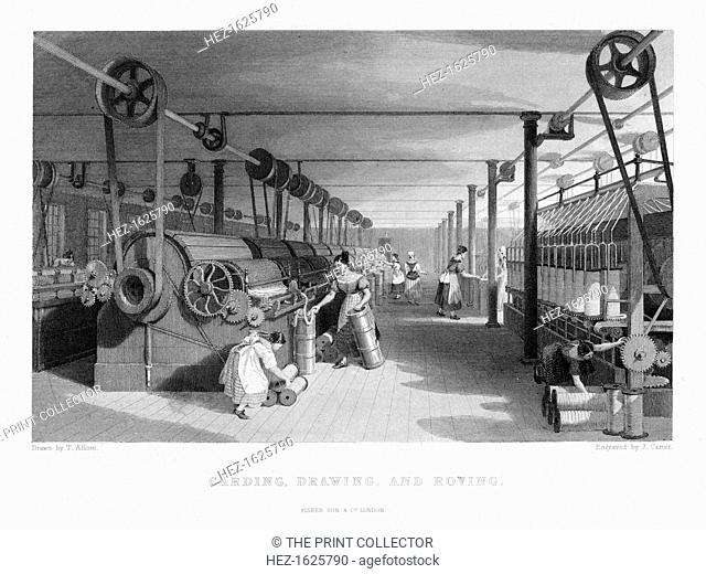 'Carding, Drawing, and Roving', 19th century. Scene in a Victorian textiles factory with looms powered by steam