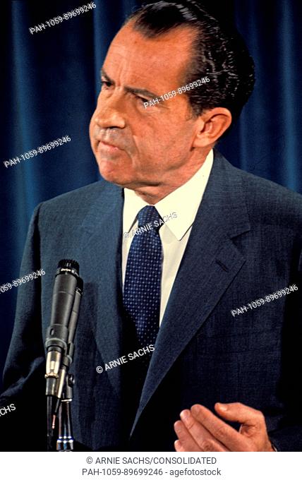 United States President Richard M. Nixon holds a press conference in the East Room of the White House in Washington, DC circa June 1970