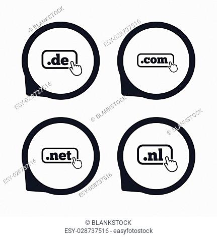 Top-level internet domain icons. De, Com, Net and Nl symbols with hand pointer. Unique national DNS names. Flat icon pointers