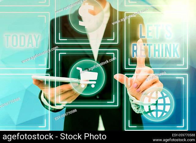 Conceptual caption Let S Rethink, Conceptual photo an Afterthought To Remember Reconsider Reevaluate Lady In Uniform Holding Phone Pressing Virtual Button...