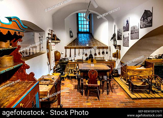 Bytow, Poland - August 5, 2021: Interior of Zachodniokaszubskie Museum in medieval Bytow Castle of Teutonic Order and Pomeranian Dukes in historic city center