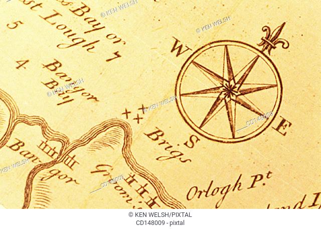Compass rose on 18th century map