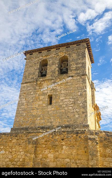 Fortified tower. Nuestra Señora de la Asuncion church, Pinillos de Esgueva, Burgos province, Castilla Leon, Spain