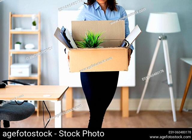 Fired From Job Businesswoman Employee With Box Moving
