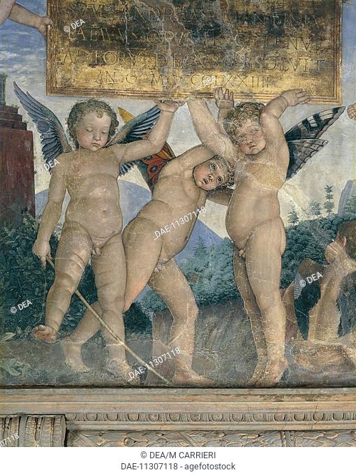 Winged cherubs holding the dedicatory plaque, detail from the Meeting Wall, 1465-1474, by Andrea Mantegna (1431-1606), fresco