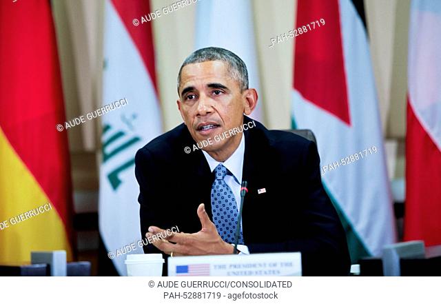 United States President Barack Obama speaks after attending a meeting hosted by Joint Chiefs of Staff General Martin E. Dempsey (unseen) with the military...