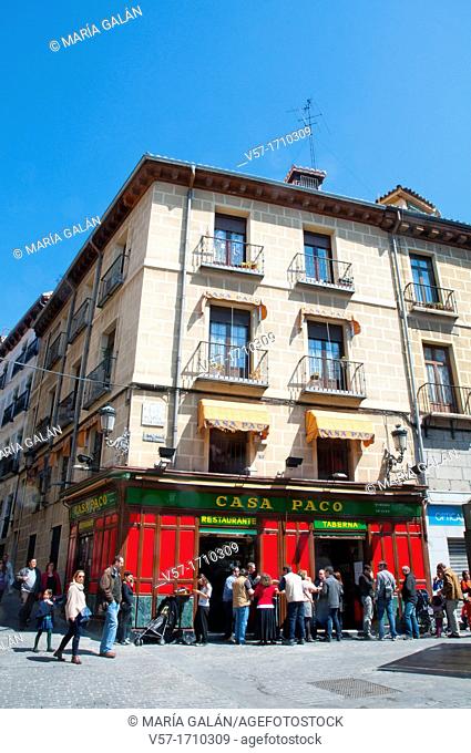 facade of Casa Paco tavern. Puerta Cerrada Square, Madrid, Spain