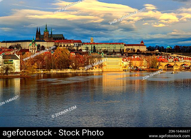 Prague, Czech Republic-November 18, 2017: View of Vitava river and historical center of Prague city in Eastern Europe. Famous Charles Bridge and historical...