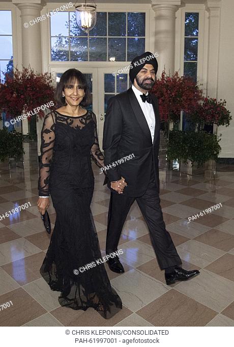 Ajay Banga, President and CEO, Mastercard and Mrs. Ritu Banga arrive at the State Dinner for China's President President Xi and Madame Peng Liyuan at the White...