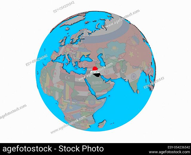 Iraq with embedded national flag on blue political 3D globe. 3D illustration isolated on white background
