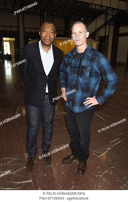 US American artist Matthew Barney (R) and director of Haus der Kunst Munich Okwui Enwezor stand during a press conference about his exhibition ""Matthew Barney:...
