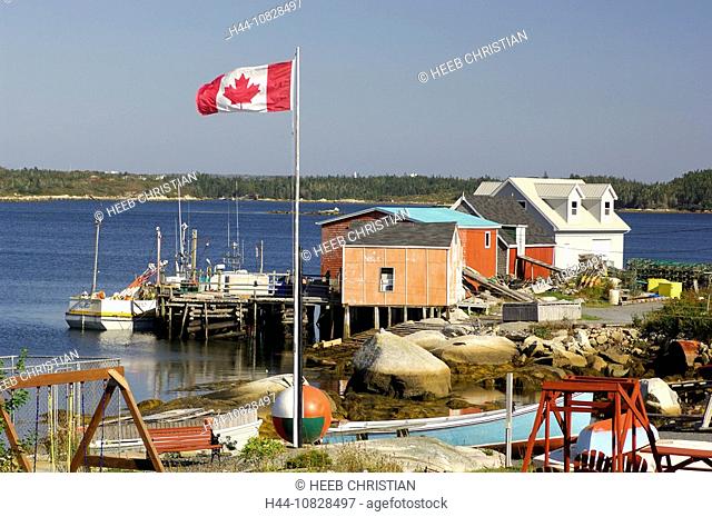 harbor, port, houses, homes, coast, boats, sea, flag, flag, banner, Halifax county, settlement, village, west Dover, N