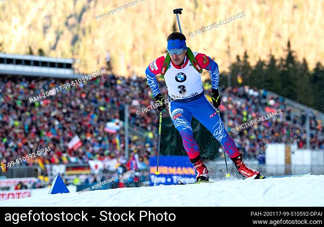 16 January 2020, Bavaria, Ruhpolding: Biathlon: World Cup, sprint 10 km, men in the Chiemgau Arena. Evgeniy Garanichev from Russia in action