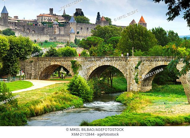 Fortress and Pont Vieux (old bridge) and Aude river.Carcassonne medieval city. France, Europe