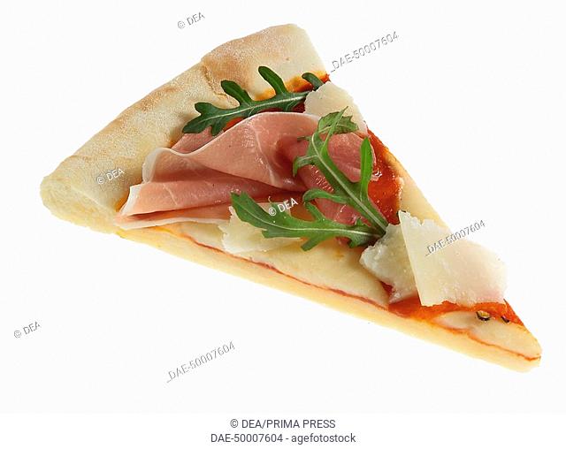 Cuisine - A slice of pizza topped with salt-cured ham, arugola leaves (roquette), parmesan cheese flakes