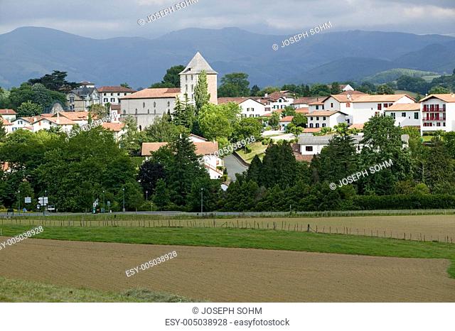 Sare, France in Basque Country on Spanish-French border, is a hilltop 17th century village surrounded by farm fields, in the Labourd province