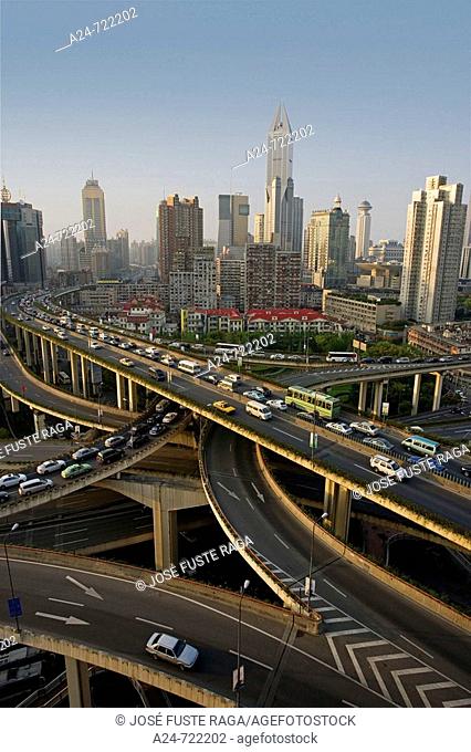 China-April 2008. Shanghai City. Crossing of Yan'an Donglu and Chengdu Beilu Expressways