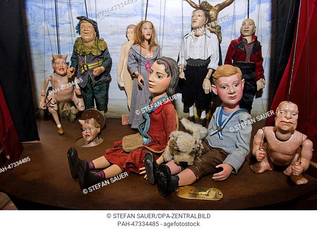 Theater puppets of the pieces 'Hansel and Gretel' and 'Faust' stand in the new puppet theater museum 'Homunkulus' on Hiddensee island in Vitte, Germany
