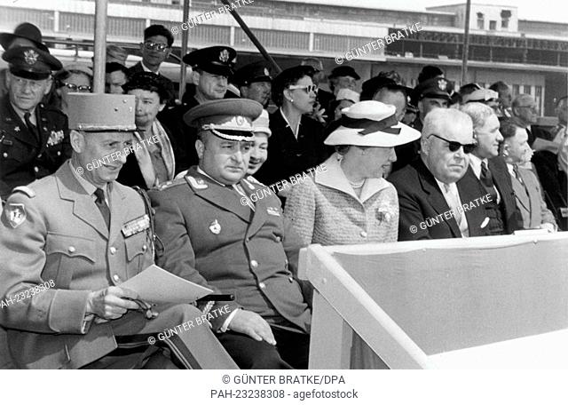 (L-r) French town major General Geze, assistent Soviet town major Colonel Kotsiuba, and assistant head of the Berlin US mission Bernard Gufler (with sunglasses)...
