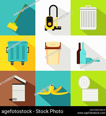 Waste icons set. Flat illustration of 9 waste vector icons for web