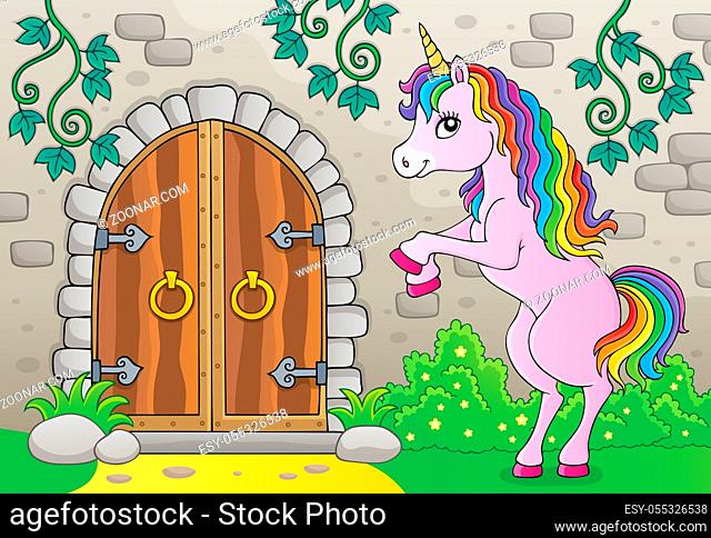 Unicorn by old door theme image 2 - picture illustration