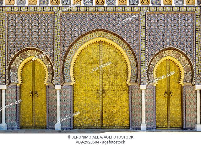 Dar El Makhzen Royal Palace from Place des Alaouites with brass doors, modern city of Fez, Fes el Bali. Morocco, Maghreb North Africa