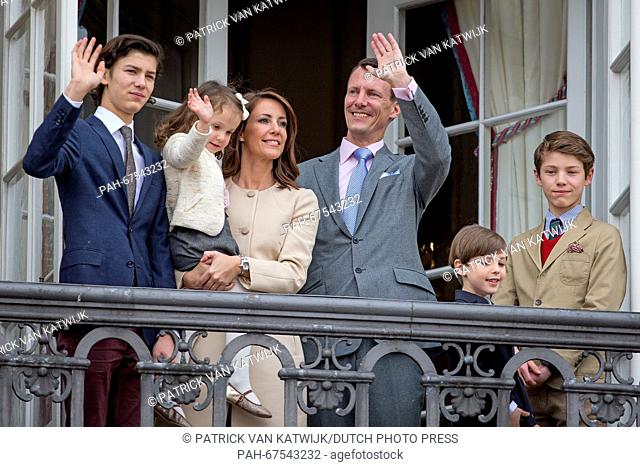 Prince Nikolai (l-r), Princess Athena, Princess Marie, Prince Joachim, Prince Henrik, Prince Felix of Denmark during the 76th birthday celebration of Queen...