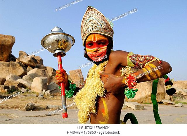 India, Karnataka, Hampi, child dressed up as Hanuman, Ramayana's hero