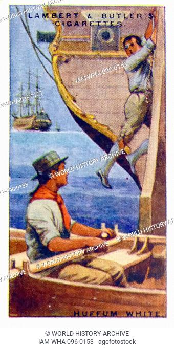 Lambert & Butler, Pirates & Highwaymen, cigarette card showing: Huffy White an escaped convict leaving the ship deporting him to Australia (Botany Bay) 1809