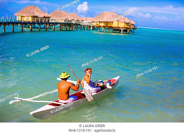 Canoe room service for the overwater bungalows, Le Taha'a Resort, Tahiti, French Polynesia, South Pacific, Pacific