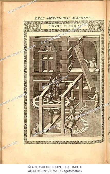 Hebevorrichtung (7), Crane consisting of a winch construction, copperplate engraving, Fig. CLXXIIII, to p. 284, 1588, Agostino Ramelli: Le diverse et...