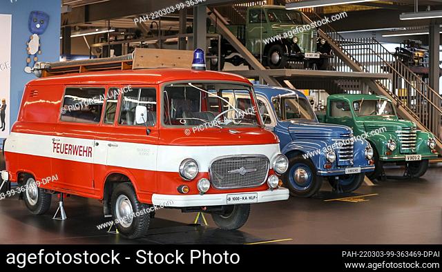 04 February 2022, Saxony, Frankenberg: A Barkas 1000 as a fire engine stands next to its predecessors, the Barkas V901/2 also known as Framo