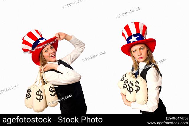 Woman with money sacks isolated on white