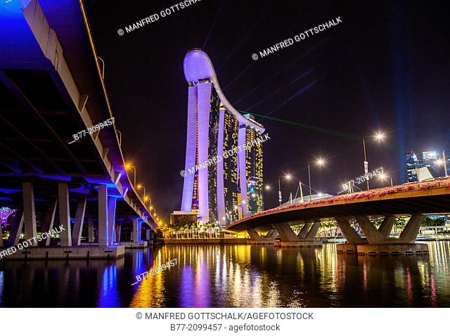 Singapore, night view of Marina Bay Sands, between Bayfront and Benjamin Shears Bridges