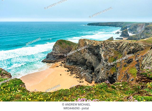 Spectacular rock formations at Bedruthan Steps just north of Newquay, Cornwall, England, United Kingdom, Europe