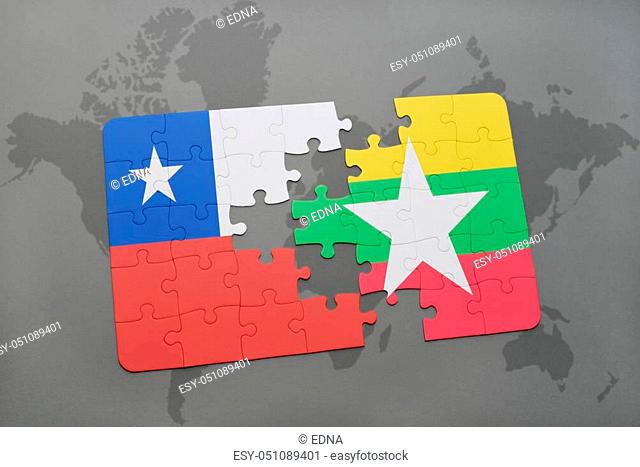 puzzle with the national flag of chile and myanmar on a world map background. 3D illustration