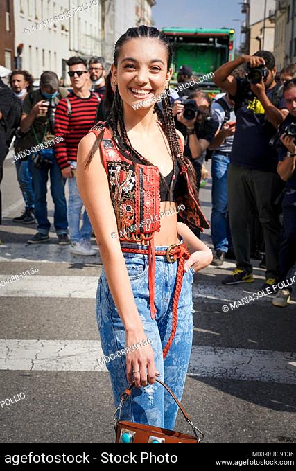 Italian actress Mariasole Pollio guest at Etro fashion show on the second day of Milan Fashion Week Women's Spring Summer 2022