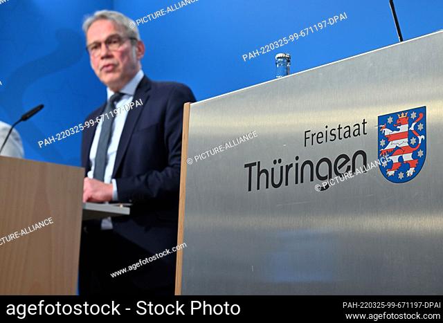 25 March 2022, Thuringia, Erfurt: Georg Maier (SPD), Minister of the Interior of Thuringia, presents the police crime statistics of the year 2021 in a press...