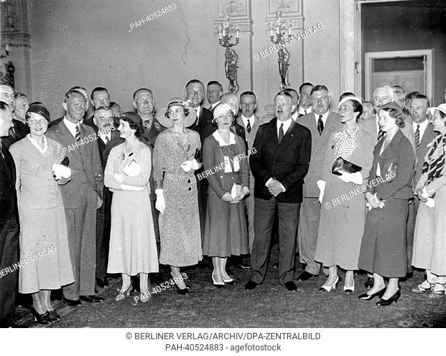 The Nazi Propaganda! image shows Adolf Hitler during a reception for English sport pilots in the Reich Chancellery in Berlin, Germany, 8 June 1933