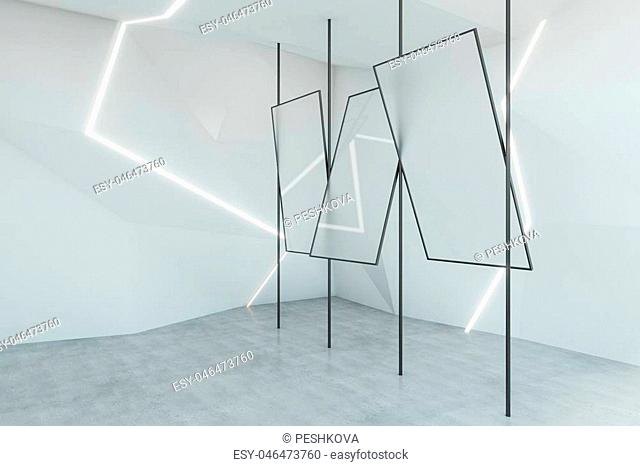 Abstract white interior with mirrors. 3D Rendering