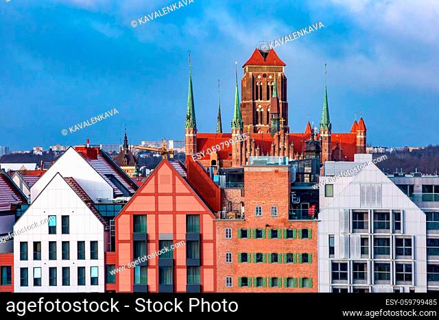 Aerial view of Saint Mary Church in Old Town of Gdansk, Poland