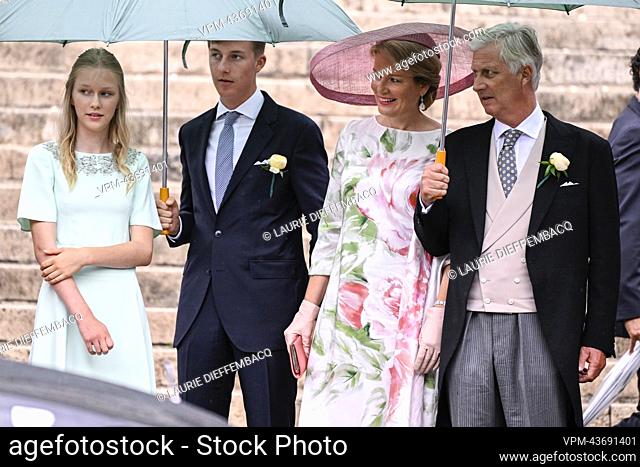 Princess Eleonore, Prince Emmanuel, Queen Mathilde of Belgium and King Philippe - Filip of Belgium pictured leaving after the wedding ceremony of Princess...