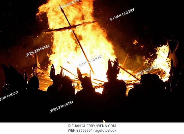 The Junior viking squad march through Lerwick and burn the galley for 2018's Up Helly Aa Featuring: Atmosphere Where: Lerwick, Scotland