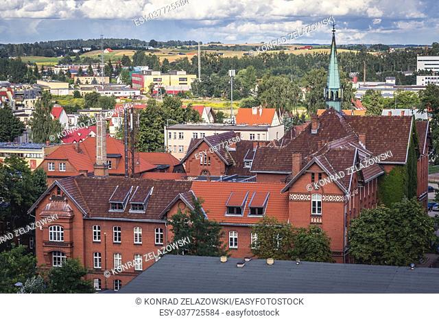 Hospital in Gizycko seen from observation deck of old water tower in Warmian-Masurian Voivodeship of Poland