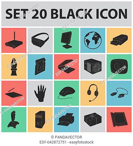 Personal computer black icons in set collection for design. Equipment and accessories bitmap symbol stock illustration