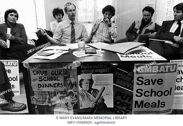NUPE and GMBATU representatives at a press conference to launch a 'Save our school meals' campaign in the London Borough of Croydon, 29 June 1983