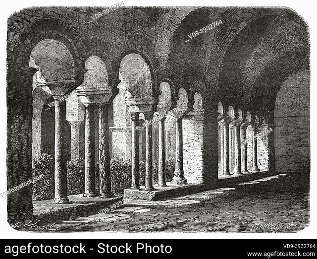 Cloister of St. Lawrence outside the walls, Rome. Italy, Europe. Old 19th century engraved illustration from Trip to Rome by Francis Wey, Le Tour du Monde 1870