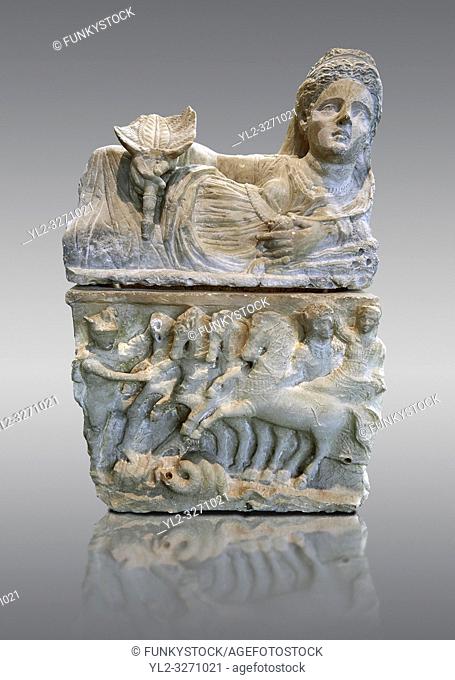 150-27 B. C Etruscan Hellenistic style cinerary urn, National Archaeological Museum Florence, Italy , against grey