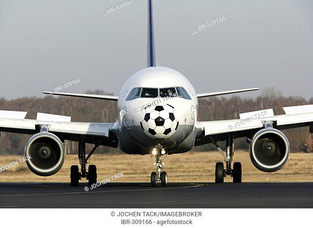Lufthansa Airbus A320-200, with special painting for the Football WC, Koeln-Bonn airport, Cologne, North Rhine-Westphalia, Germany